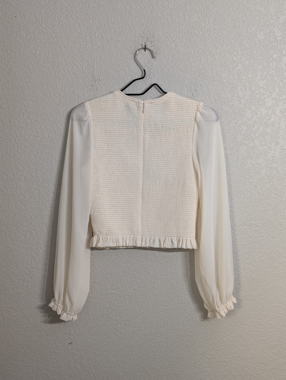 Quince Ivory Smocked Chiffon Blouse Size S Long Balloon Sleeve Cottage Old Money - Picture 5 of 12